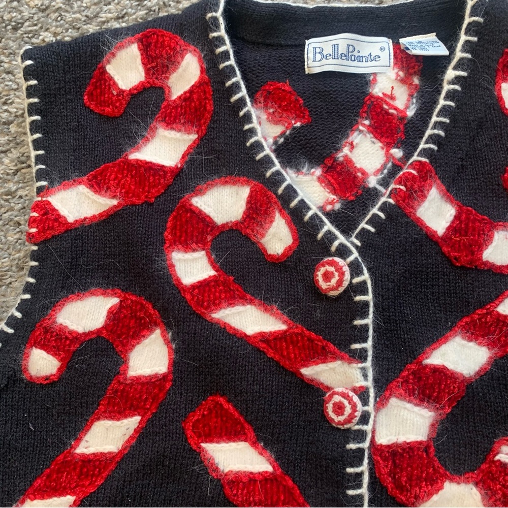 Belle Pointe VTG Ramie Button Front Embellished Candy Cane Christmas Vest - Picture 2 of 15